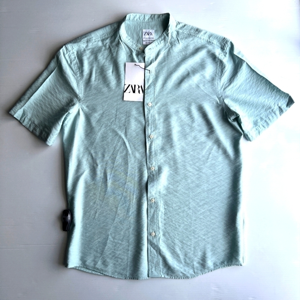 Zara bias cut shirt Men's short sleeve Shirt slim fit green Sz S